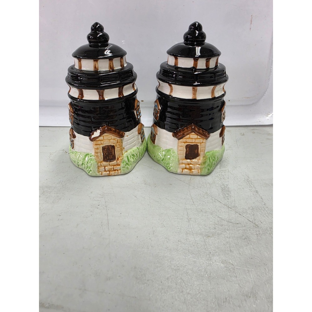 Vintage Nautical Lighthouse Ceramic Salt and Pepper Shaker Set Black White
